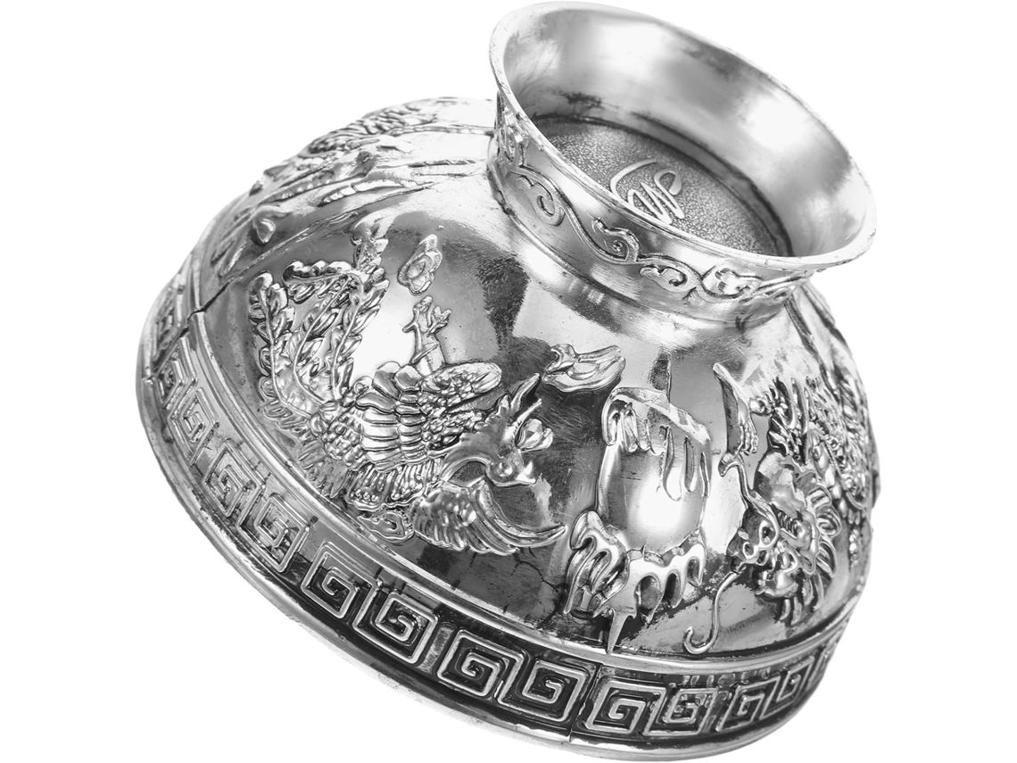 Cuenco Sacrificio Tibetano Antiguo Plata Motivos Dragón Fénix Elegante Decoración Oriental Templo Budista Yoga