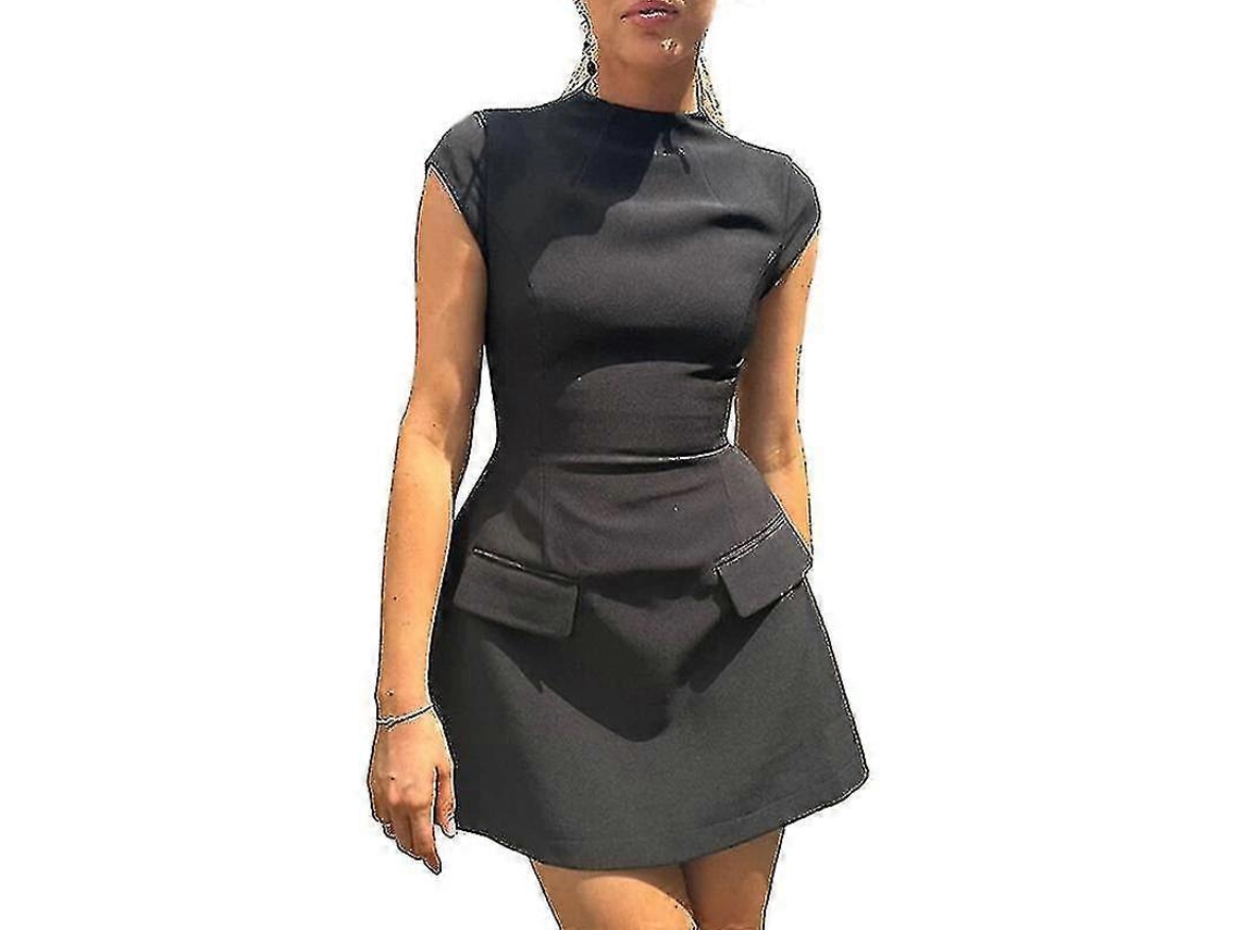 Vestido mini elegante liso con bolsillos y cuello redondo y manga corta de corte A para mujer