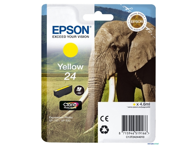 Cartucho de tinta original EPSON, Tinta Claria Photo , 24, Elefante 4,6 ml , Amarillo, C13T24244022, T2424