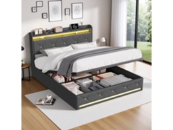 Cama Doble De 160x200, Cama Con Plataforma De Lino Con Luces Led Rgb Y Estación De Carga, Gris, Rosahqnda