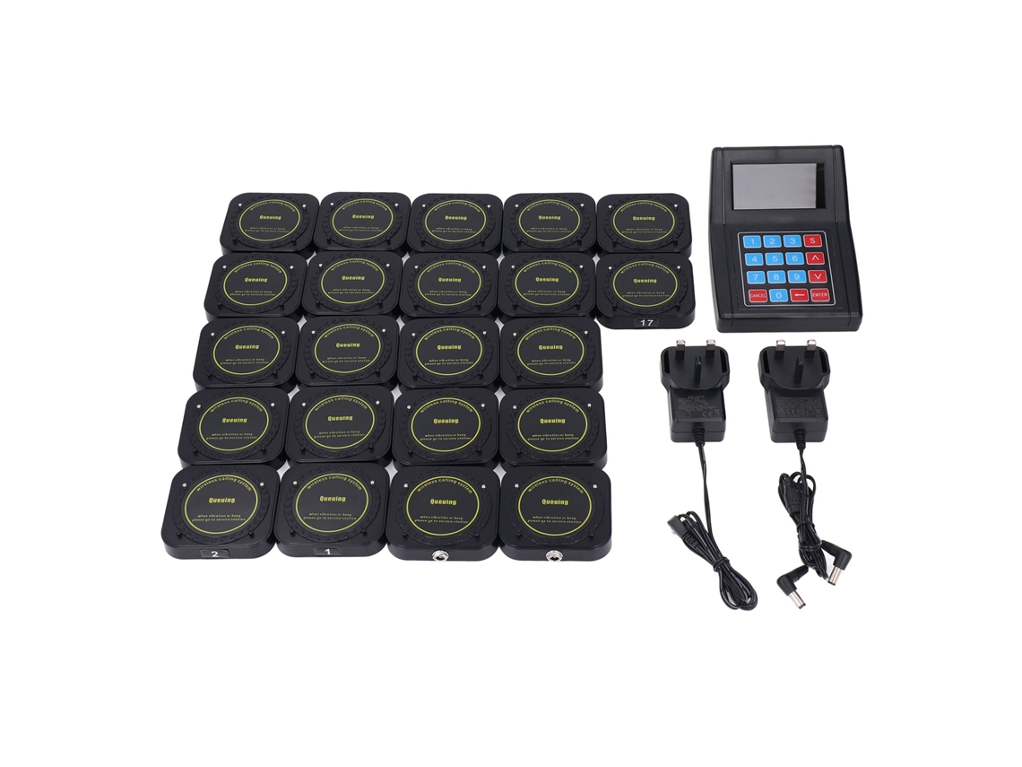 Sistema de buscapersonas para restaurante con 1 transmisor y 20 receptores. Sistema de llamada inalámbrico para food trucks, bares y clínicas. Enchufe británico de 100 V a 240 V.