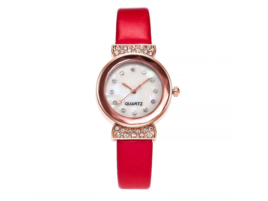 Reloj De Pulsera De Cuarzo Para Mujer Vansvar Con Piedras Preciosas Y Correa De Piel Sintética Roja Y Rosa.