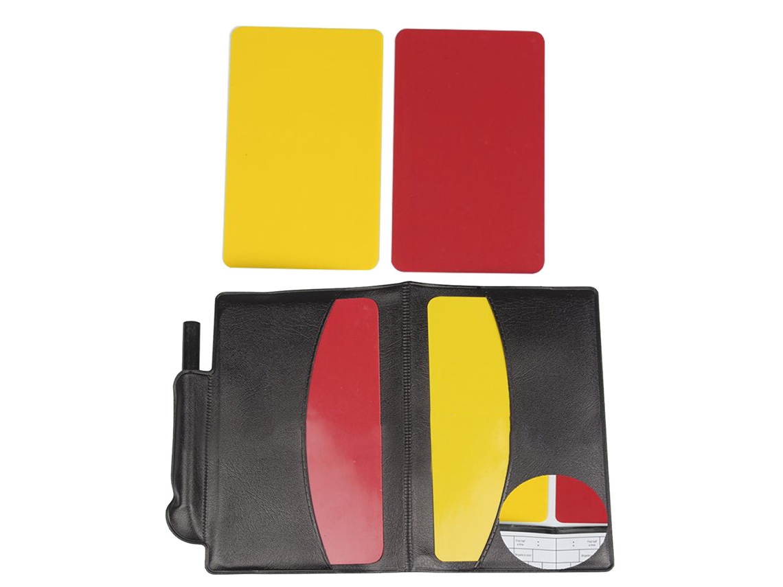 Set de árbitro de fútbol: Cuaderno, lápiz, tarjeta roja y amarilla