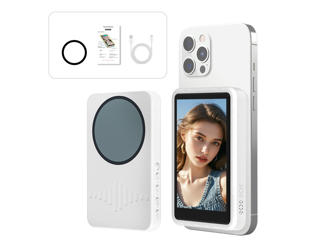 Pantalla selfie inalámbrica con Bluetooth, soporte magnético para pantalla trasera de 4 pulgadas, modelo C92 blanco con luz de relleno. Yunzii