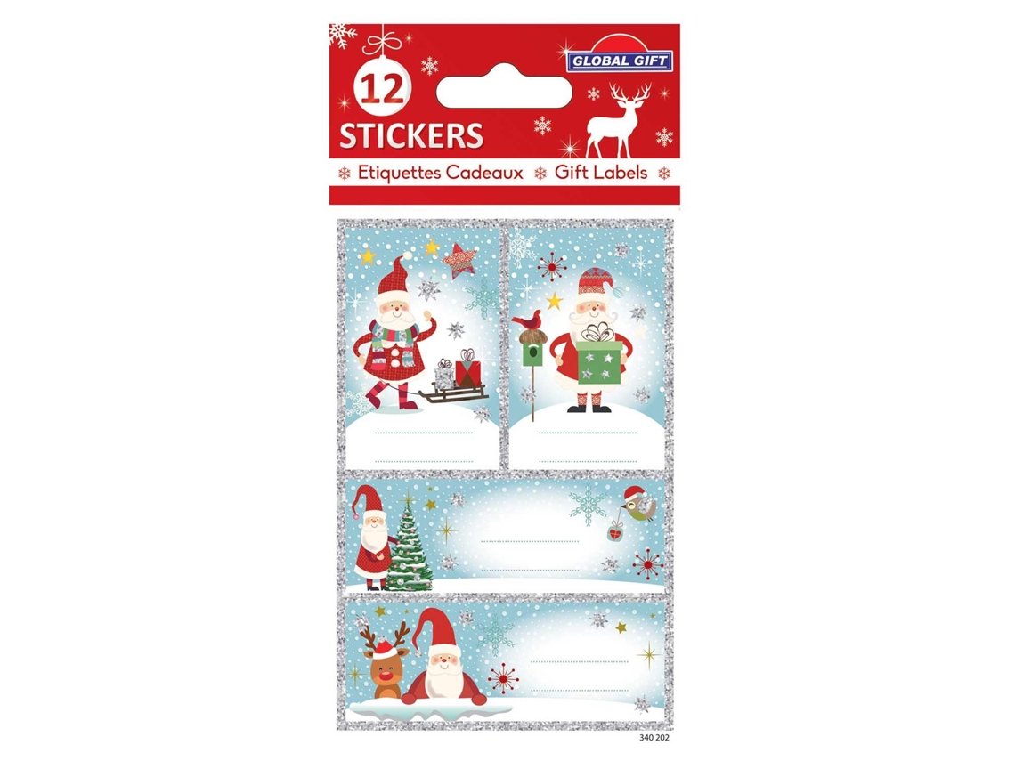 12 Pegatinas GLOBAL GIFT navideñas de purpurina plateada