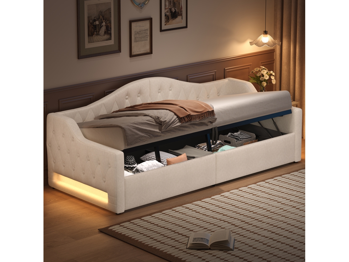 Cama Diurna 90x200cm, Cinturón Led, Gran Almacenaje Debajo, Capacidad 200kg, Sin Colchón, Beige