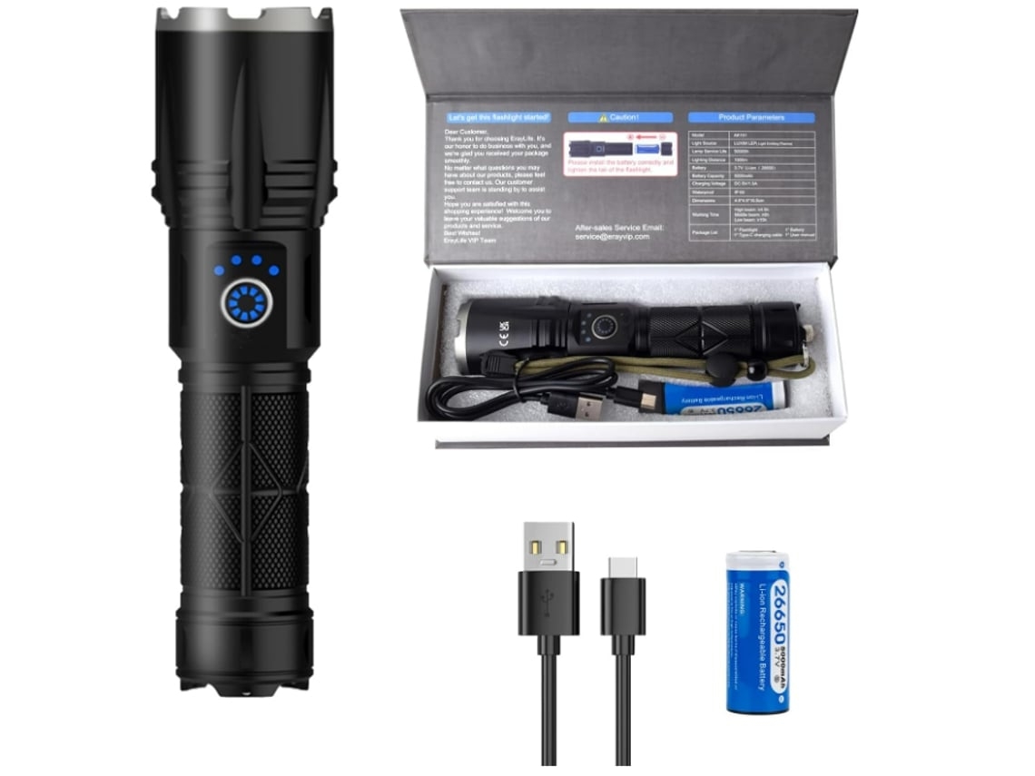 Linterna Antorcha Led Multifuncional 30000 Lúmenes con Disyuntor Batería 5000Mah Linterna Ip65 Impermeable Negro YEMAESRE