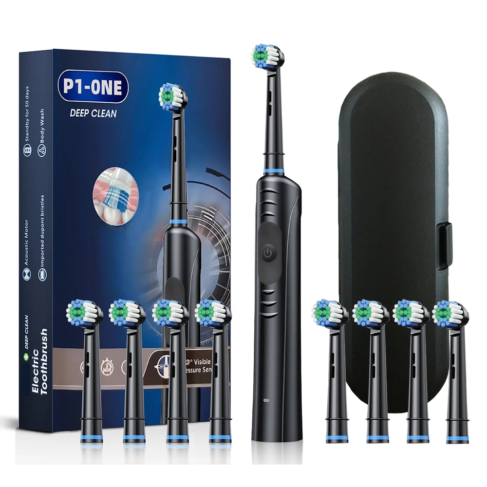 (Caja negra con 8 tiras de cabezal de repuesto) Cepillo de dientes eléctrico giratorio, 3 modos, carga rápida USB, temporizador.