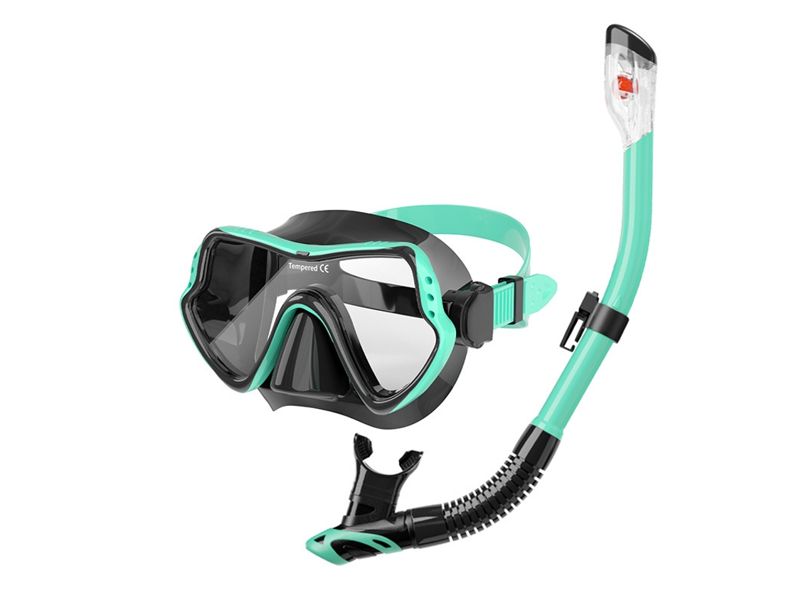 Máscara de buceo Hexinyigjly, con tubo de snorkel, antivaho y a prueba de fugas, color cian.