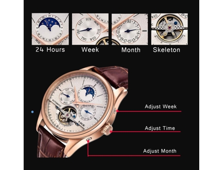 VEANXIN Reloj de pulsera automático Tourbillon de cuero marrón para hombre-Negro