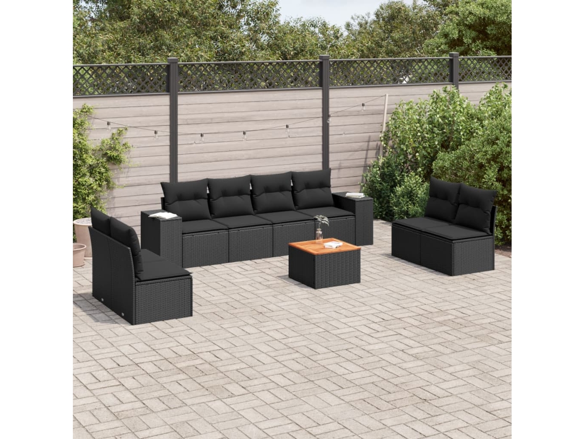 Conjunto de sofá de jardín de 9 piezas con cojines, ratán negro, Dkd Home Decor