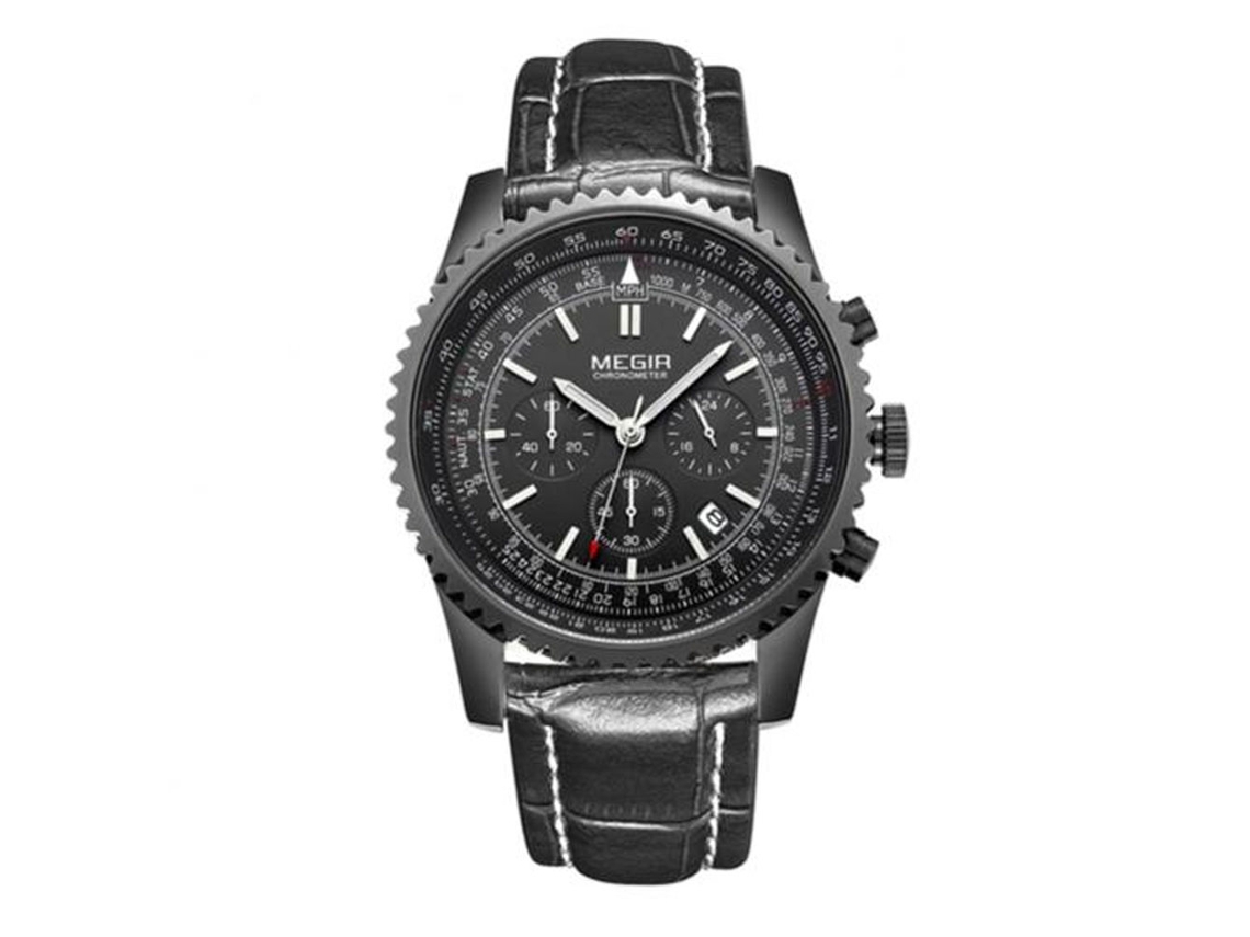 Reloj Hombre Megir De Aleación Dial Redondo Analógico Cuarzo Moda (negro)