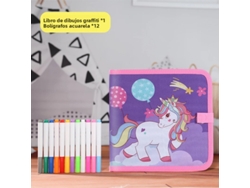 Cuaderno infantil (Unicornio) para dibujar y escribir, pizarra, borrable y reutilizable (12 rotuladores de acuarela)