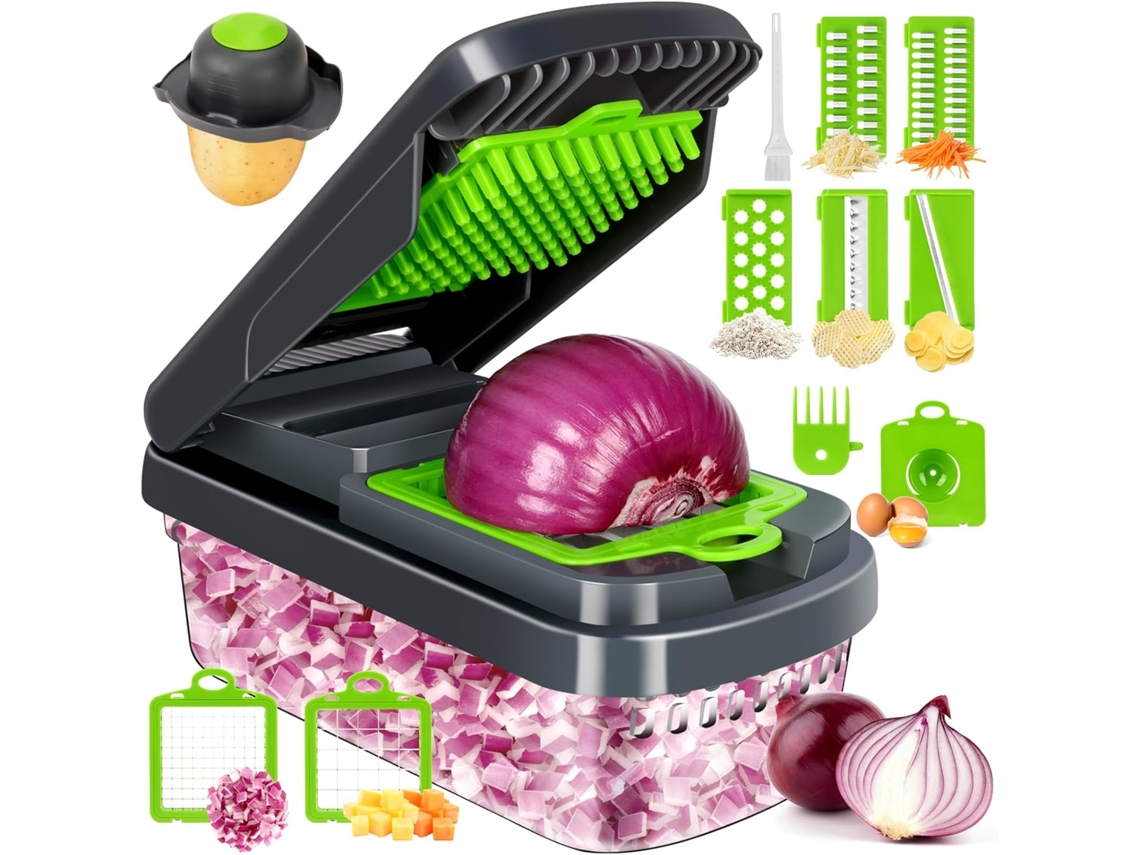 Picadora de verduras, multifuncional 12 en 1, picadora de cebolla profesional con 7 cuchillas, Gusshious Cooking Essential (gris)