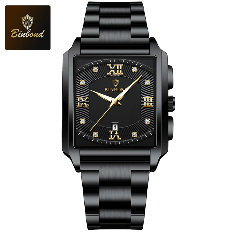 Reloj De Cuarzo Para Hombre (negro), Esfera Cuadrada, Manecillas Luminosas, Indicador De Fecha, Acero Inoxidable Resistente Al Agua.