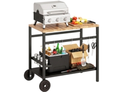 Carrito Para Barbacoa De 2 Niveles, Mesa Auxiliar, Ruedas, Ganchos Y Portavasos, Color Negro Y Marrón.