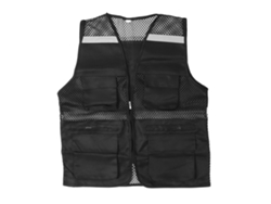 Chaleco de trabajo reflectante con múltiples bolsillos, diseño de malla, alta visibilidad, transpirable, con cremallera frontal y bandas reflectantes.