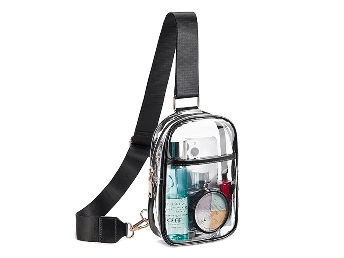 Bolso transparente de PVC para llevar en el pecho, al hombro o cruzado. Correa de hombro negra. 20*14*5cm YUNZII