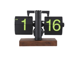 Reloj mecánico retro de 2026 con diseño abatible, grandes marcadores de 12 horas, base de madera y bisel negro mate para sala de estar.