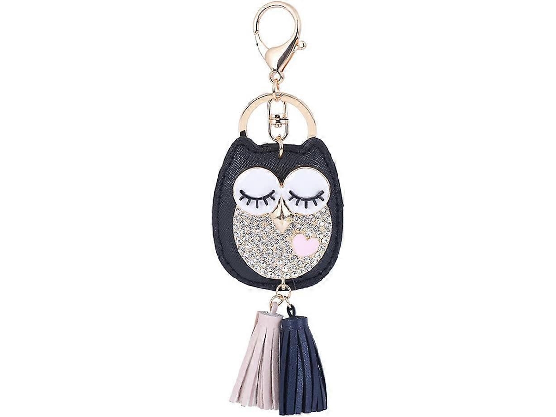 Llavero con borla de búho, elegante dije para bolso negro para mujer