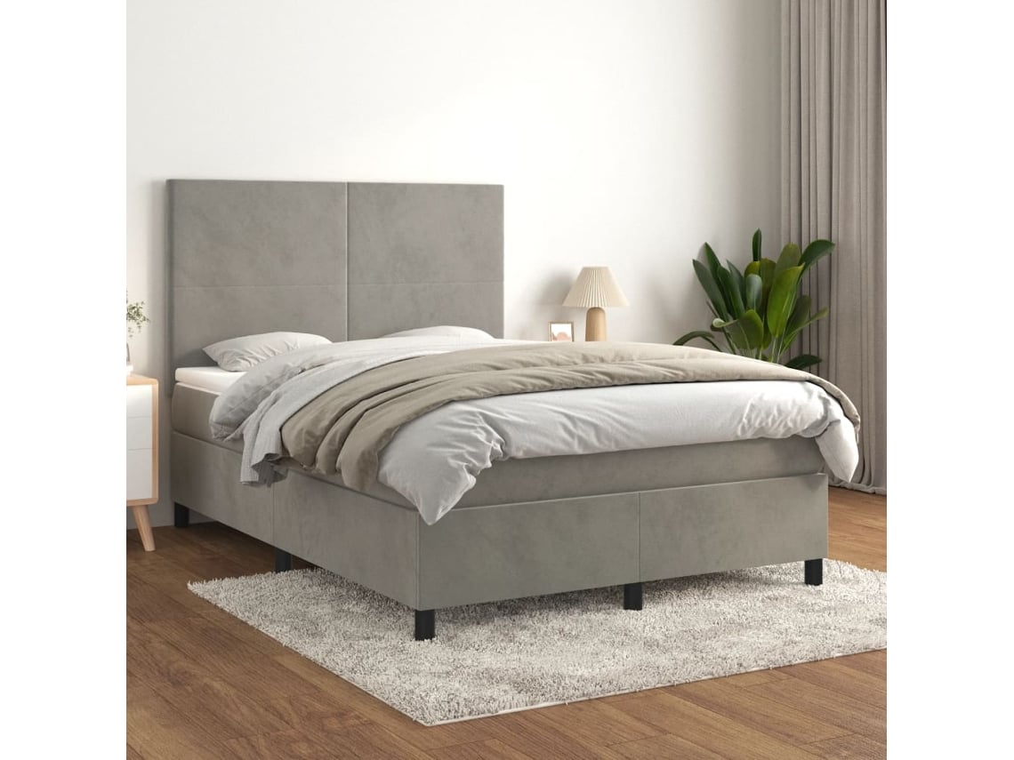 Cama Box Spring Con Colchón Terciopelo Gris Claro 140x200 Cm