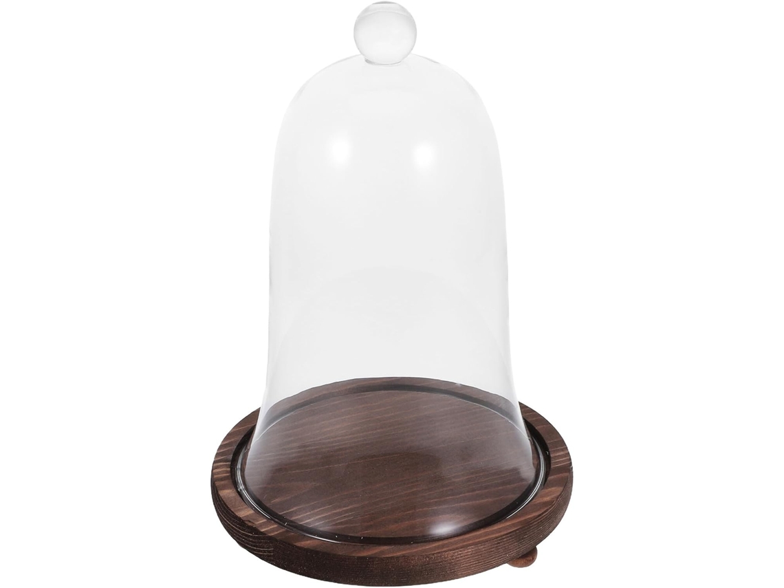 Cúpula De Cristal Transparente Grande Con Base De Madera Oscura Y Roja: Campana Protectora Para Flores.