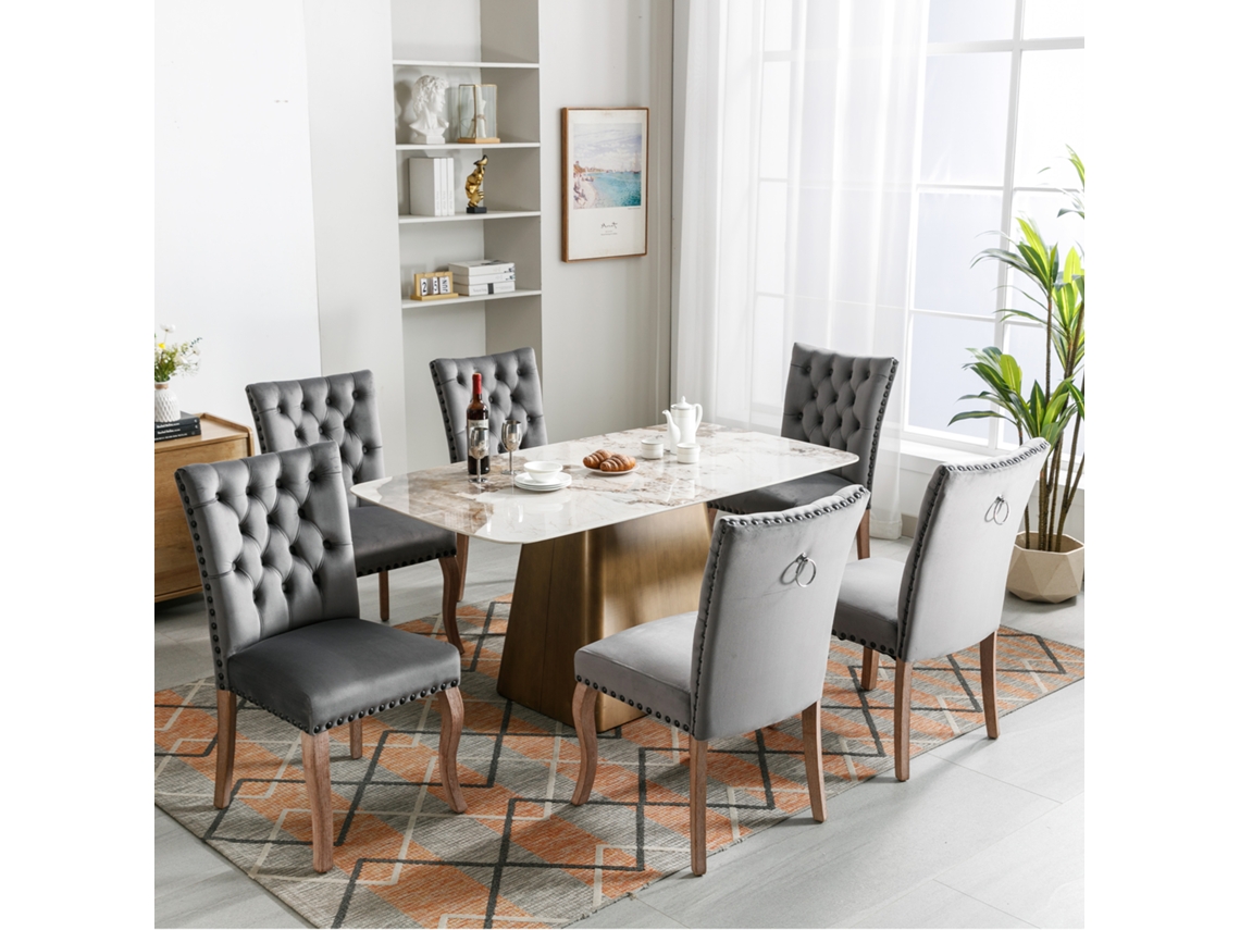 Sillas de Comedor (6 Unidades) con Asas, Base de Madera Maciza y Tapizado en Terciopelo, Diseño Elegante para Cocina y Sala, Color Gris