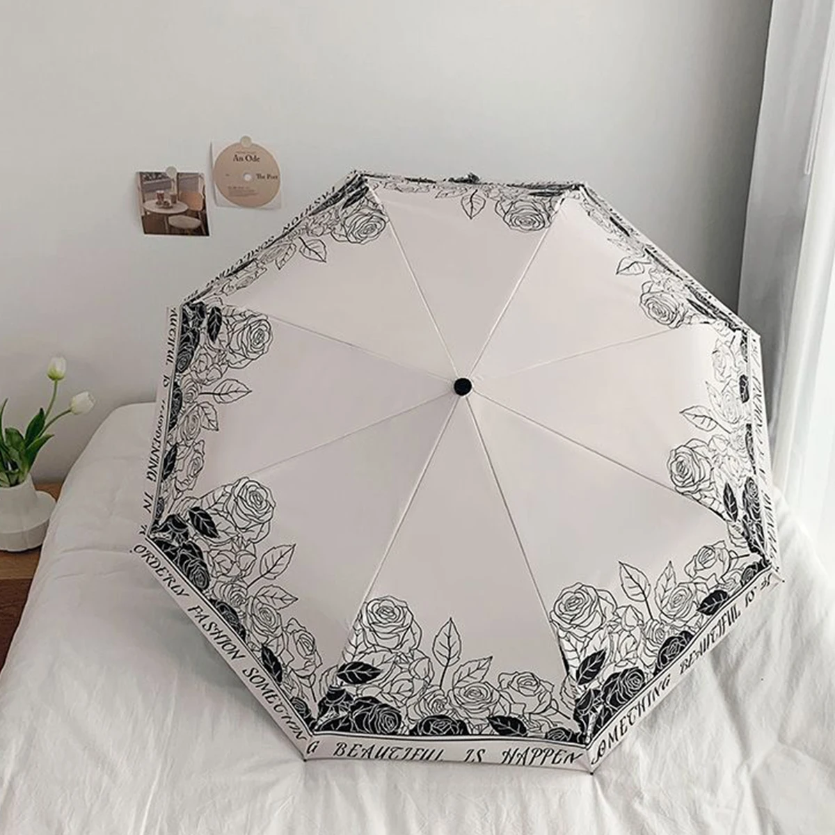 (flor) Paraguas Negro De Doble Uso, Resistente Al Agua Y Al Sol, Plegable Y Manual.