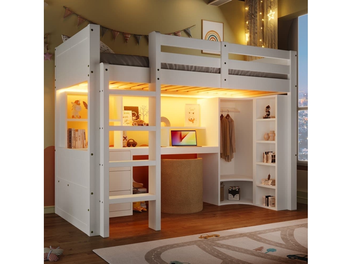 Cama Alta 90x200 Cm - Con Led, Armario, Escritorio, Cajones, Compartimentos - Blanco