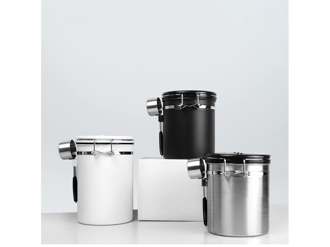 Contenedor para granos de café con cuchara, recipiente de acero inoxidable para baristas, ideal para almacenar y conservar té y café en polvo.