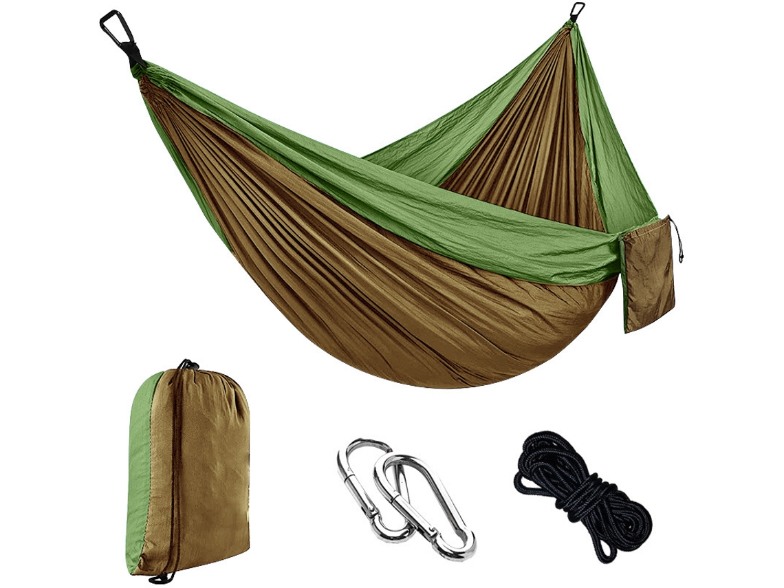 Hamaca Individual Chrui Con Cuerda De 2 M Y Mosquetón, 270 X 140 Cm (verde Oliva, Camello)