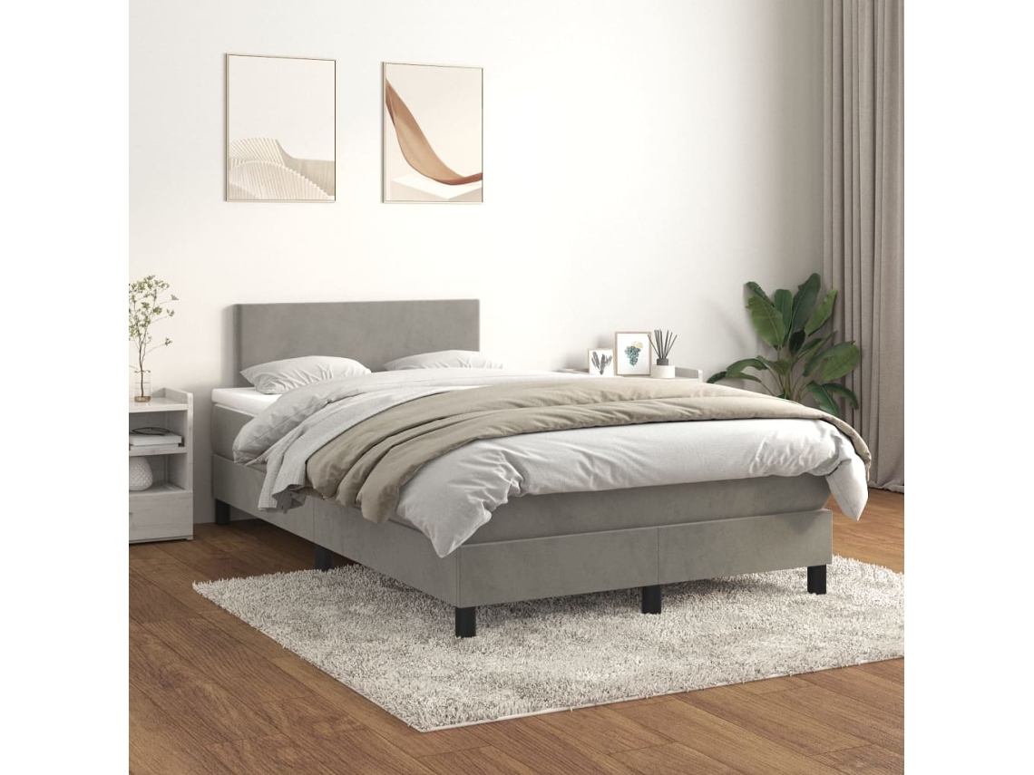 Cama Box Spring Con Colchón Terciopelo Gris Claro 120x200 Cm