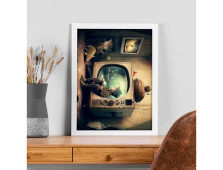 NACNIC Poster Pecera-Televisión En Estilo Surrealismo Cinematográfico Ilustraciones Y Grabados De Historieta Abstracta Y Artística A4 Marcos Negros