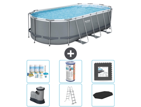 Piscina BESTWAY Oval Power Steel - 549 x 274 x 122 - Gris - Incluye bomba - Escalera - Cobertor Paquete de mantenimiento - Filtrar - Baldosas