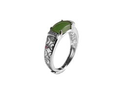 Anillo De Plata 925 Con Jade Hetian Incrustado Ajustable Hollow Elegante