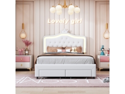 Cama De Princesa Blanca Con Corona Led, 140x200cm, Cama Infantil Grande Con Cajón Y Estructura Pu - Ideal Para El Crecimiento
