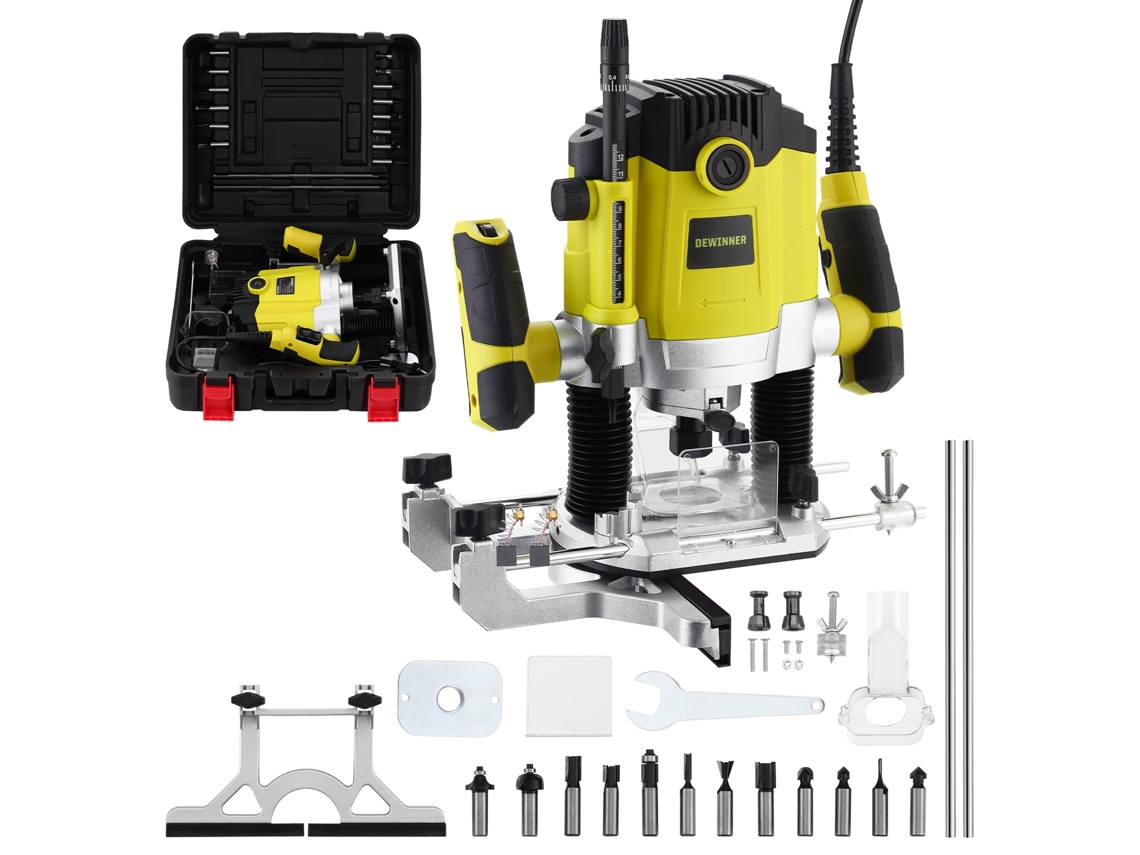Fresadora Para Madera 1800w 10000-26000rpm Con Caja De Plástico Dewinner, Recortadora Eléctrica Con Juego De 12 Brocas Fresadoras, 3 Abrazaderas De