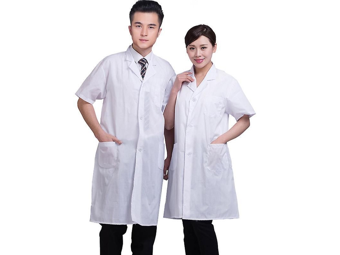 Bata de laboratorio unisex blanca de manga corta con bolsillos, modelo 2026, ideal para el verano, uniforme para profesionales médicos y de enfermería.