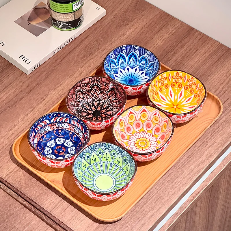 (juego De 6 Piezas) Juego De 6 Mini Cuencos De Cerámica Estilo Bohemio Japonés Y Plato Para Salsa Barbacoa.