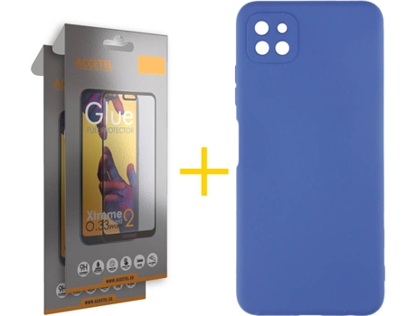 Funda y Protector de Vidrio Full 2 x Samsung Galaxy A22 5G ACCETEL Silicona Líquida Azul