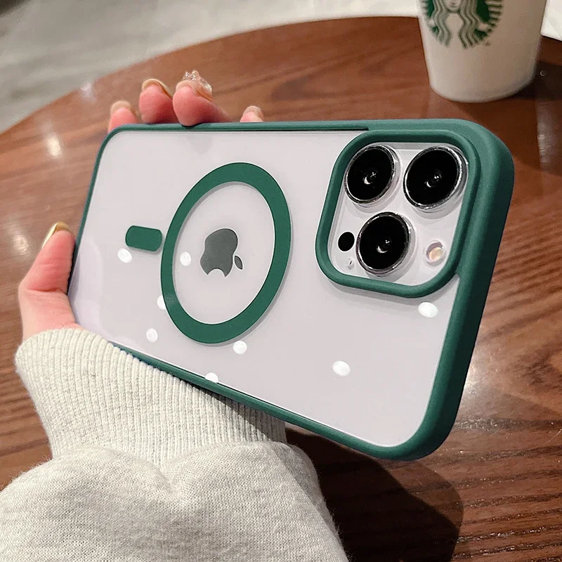 (iphone 15 Pro, Verde Oscuro) Funda Protectora Transparente Con Carga Inalámbrica Magnética Magsafe, Material Acrílico Rígido.