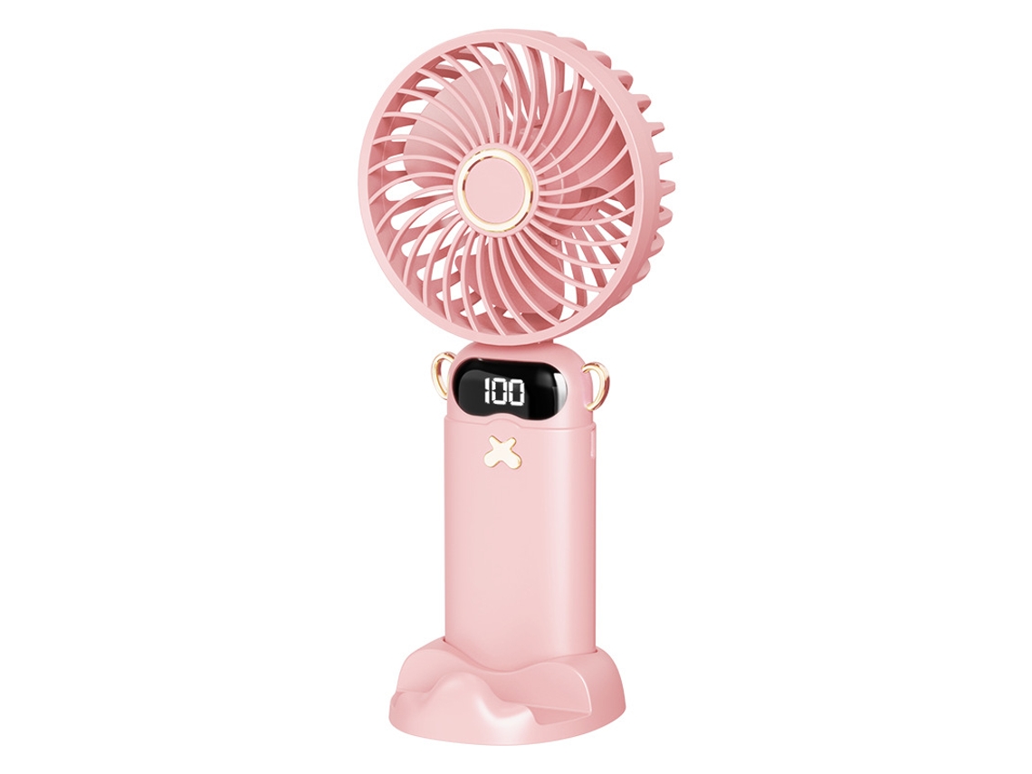 Ventilador portátil Digitallab plegable a 90°, 5 velocidades, pantalla digital y soporte, ultrasilencioso (rosa)