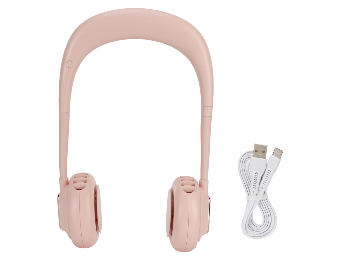 Ventilador de cuello USB, 3 velocidades, rosa, manos libres