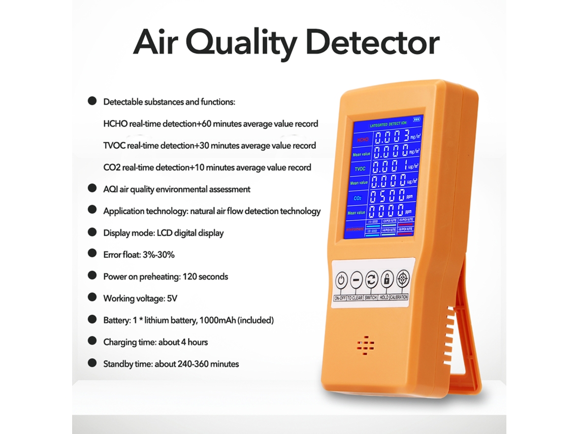 Detector de qualidade do ar multifuncional com tela digital, alta precisão HCHO TVOC CO2 S/MARCA
