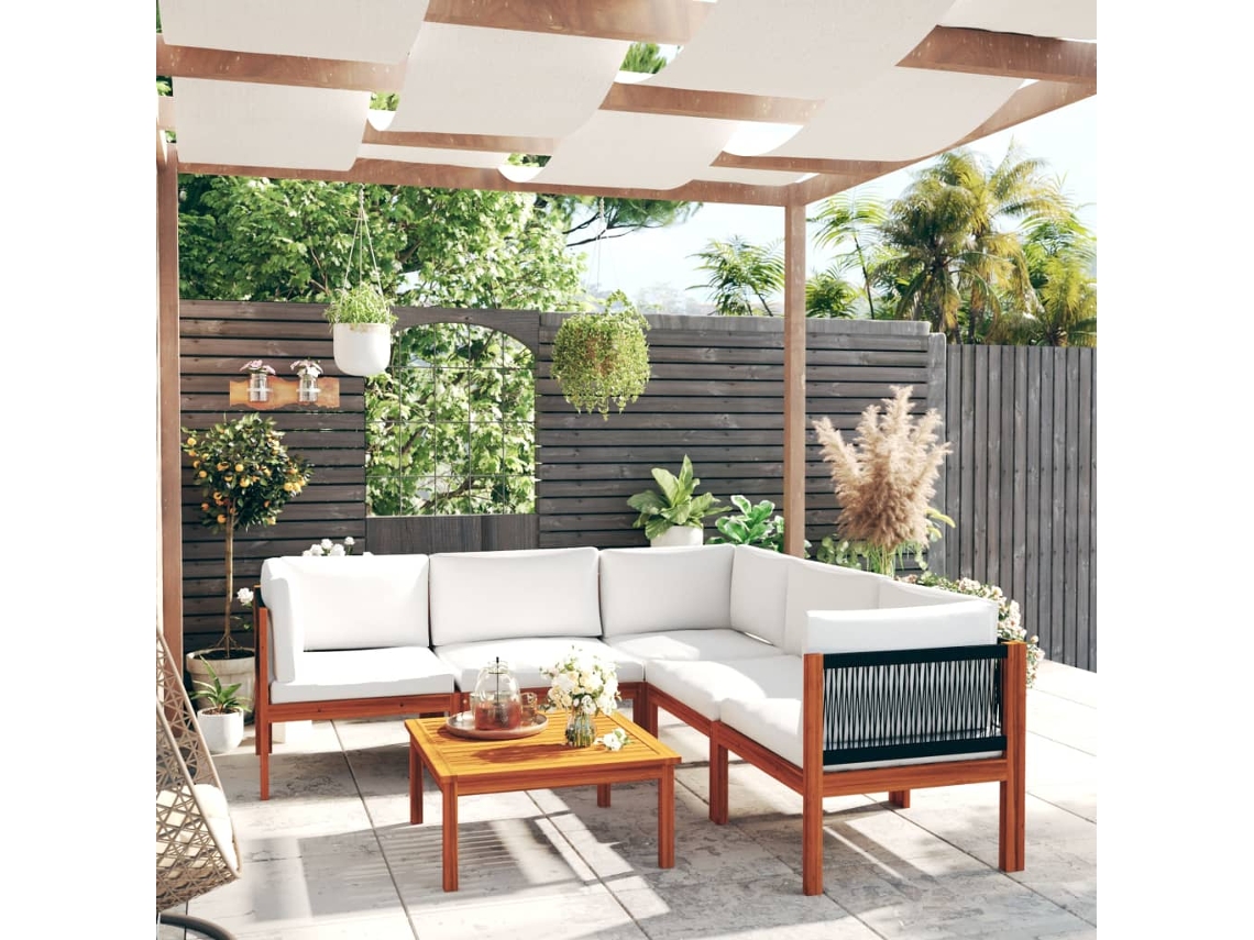 Pcs Conjunto Lounge Jardim C/ Almofadões Acácia Maciça Creme Dkd Home Decor