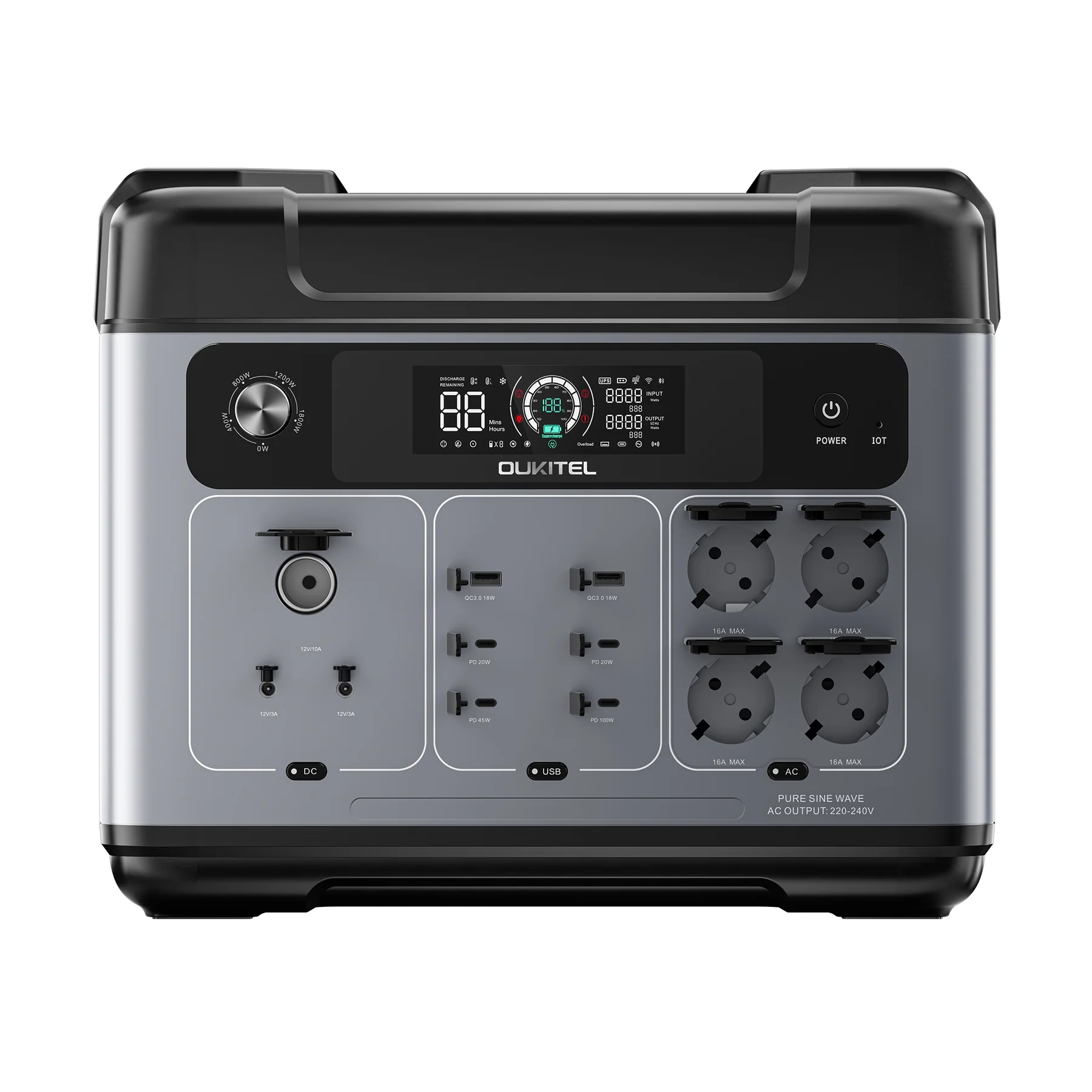 Estación de energía portátil Oukitel P2001 Plus, 2400 W de salida CA, batería Lifepo4 de 2048 Wh, 13 tomas de corriente, 80 % de carga en 1 hora, control inteligente por aplicación (UE)