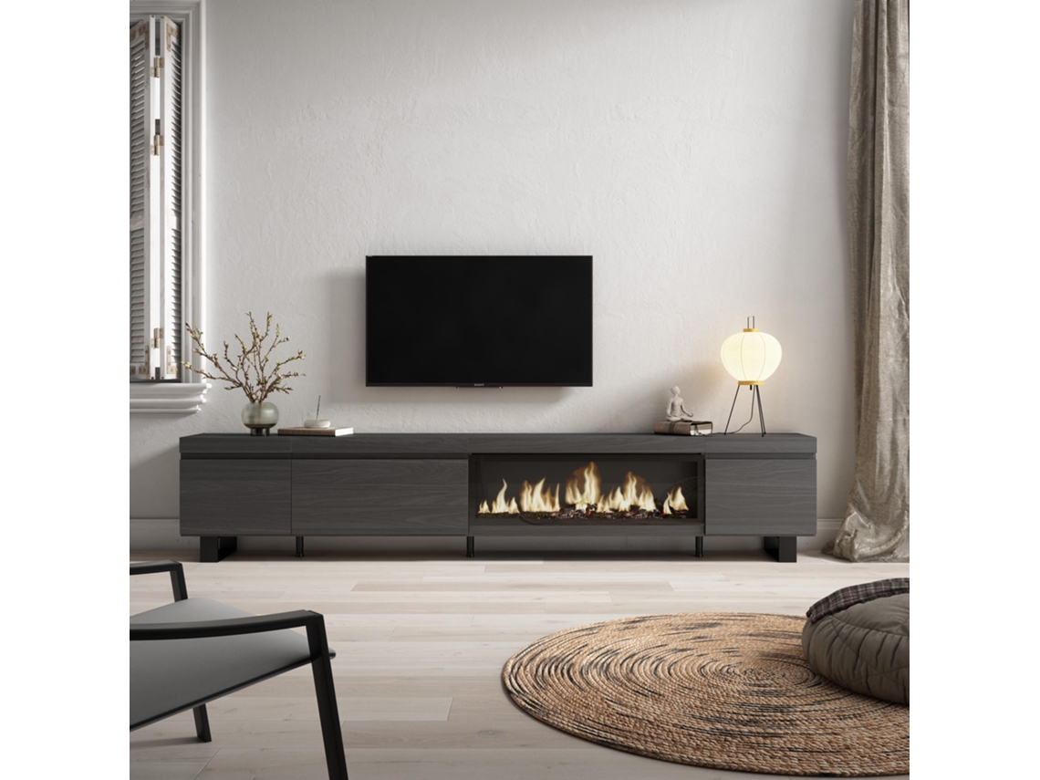 Mueble TV, Televisión, 288x57x35 cm, Para TV gran formato, Chimenea eléctrica XXL, Diseño industrial, Negro SKRAUT HOME