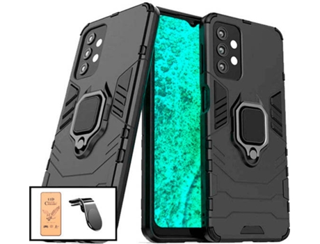 Kit Funda Magnetic Lux, Cristal Templado CeramicGlass Full Cover y Soporte Magnético L Safe Driving Samsung Galaxy A52s 5G PHONECARE Negro