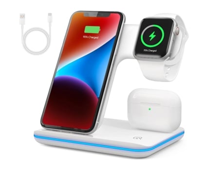 Estación de carga inalámbrica 3 en 1 para iPhone 15/14/13/12/11/XR/XS/X/8 y Apple Watch 8/7/6/5/4/3/2/SE (blanco) CHRONUS
