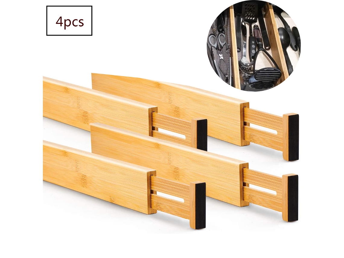 RNEMITERY Organizador de cajones multiusos de bambú, extensible y ajustable, fácil de instalar, para cocina, baño, dormitorio, cómoda y oficina (juego de 4)